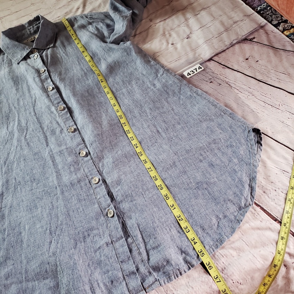 Flax Blue Linen Button Down Tunic Shirt Breathable Long Sleeves Chambray Medium - Picture 9 of 10
